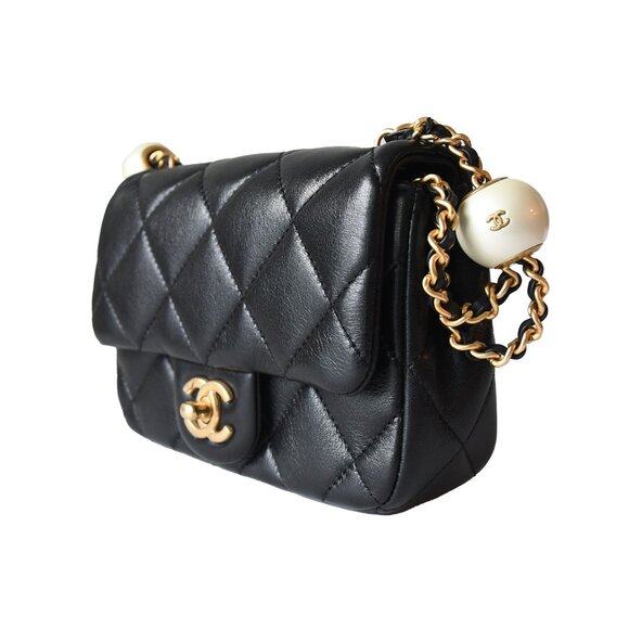 CHANEL Black Mini Square Pearl Crush Gold Ball Lambskin Flap  Chanel Lambskin Brushed Mini Square Pearl Flap Bag Gold Hardware Black